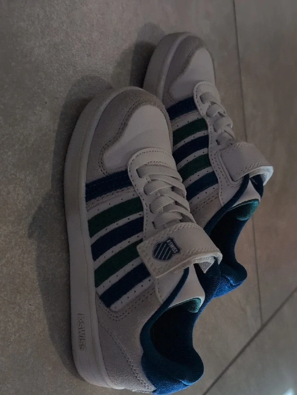 KSWISS Kids White Sneakers with Blue & Green Stripe Accents